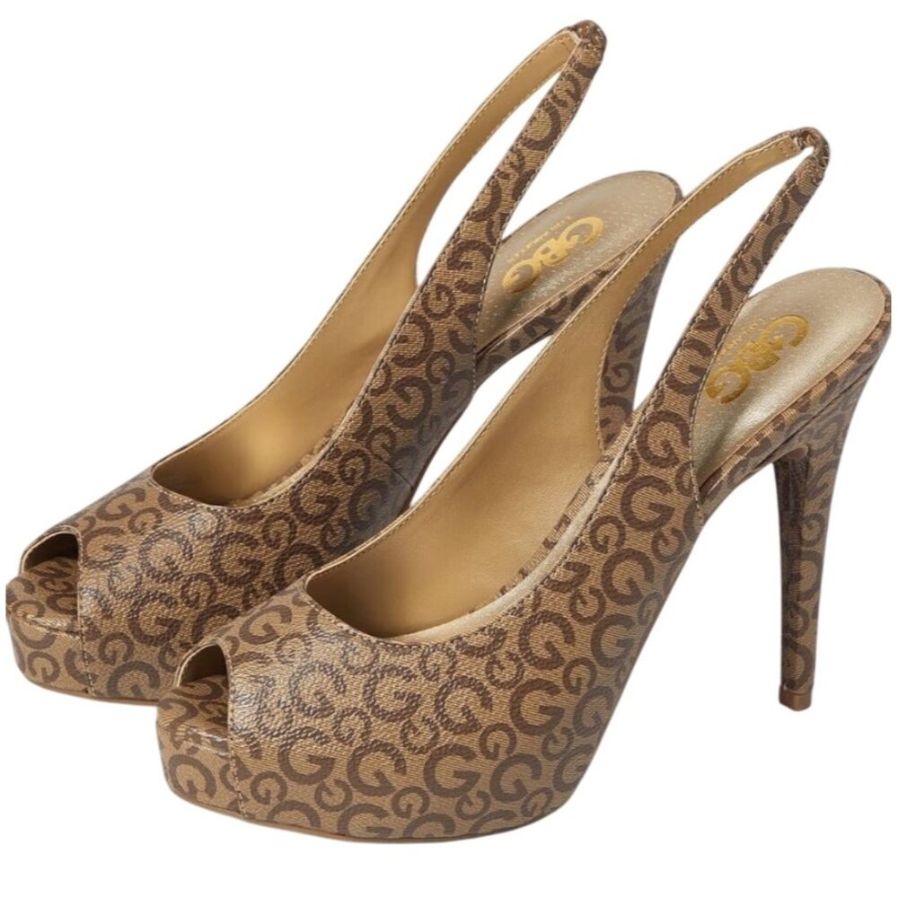 GBG Los Angeles Sophia Slingback Platform Heels Brown Gold Monogram Size 7.5